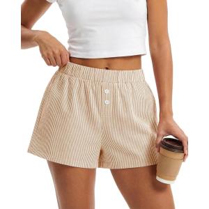 BTFBM Striped Boxer Shorts for Women 2026 Spring Summer Y2k Vacation Beach Bottoms Lounge Sleep Pajama PJ Pants Clothes(Khaki White)