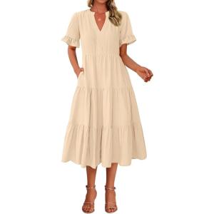 BTFBM Summer Dresses for Women 2025 Vacation V Neck Loose Short Sleeve A Line Tiered Flowy Casual Midi Beach Dress(Beige)