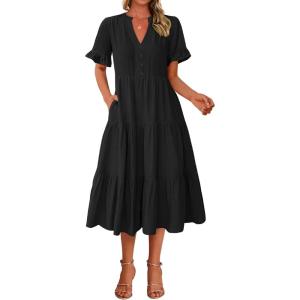 BTFBM Summer Dresses for Women 2025 Vacation V Neck Loose Short Sleeve A Line Tiered Flowy Casual Midi Beach Dress(Black)