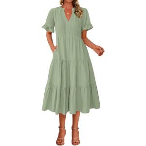 BTFBM Summer Dresses for Women 2025 Vacation V Neck Loose Short Sleeve A Line Tiered Flowy Casual Midi Beach Dress(Grey Green)