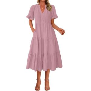 BTFBM Summer Dresses for Women 2025 Vacation V Neck Loose Short Sleeve A Line Tiered Flowy Casual Midi Beach Dress(Heather Pink)