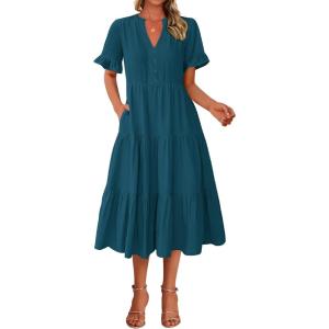 BTFBM Summer Dresses for Women 2025 Vacation V Neck Loose Short Sleeve A Line Tiered Flowy Casual Midi Beach Dress(Lake Blue)