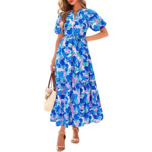 BTFBM Summer Dresses for Women 2026 Boho Short Sleeve V Neck Button Belt Flowy Spring Clothes Beach Vacation Maxi Dress(Floral Blue Purple White)