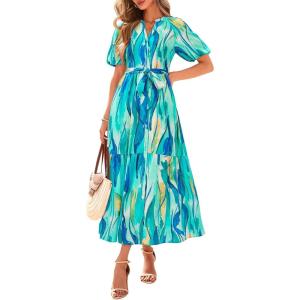BTFBM Summer Dresses for Women 2026 Boho Short Sleeve V Neck Button Belt Flowy Spring Clothes Beach Vacation Maxi Dress(Floral Light Green White)