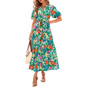 BTFBM Summer Dresses for Women 2026 Boho Short Sleeve V Neck Button Belt Flowy Spring Clothes Beach Vacation Maxi Dress(Floral Orange Green)