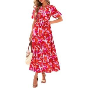 BTFBM Summer Dresses for Women 2026 Boho Short Sleeve V Neck Button Belt Flowy Spring Clothes Beach Vacation Maxi Dress(Floral Orange Pink White)