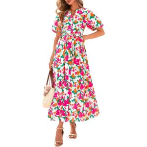 BTFBM Summer Dresses for Women 2026 Boho Short Sleeve V Neck Button Belt Flowy Spring Clothes Beach Vacation Maxi Dress(Floral Pink Green)