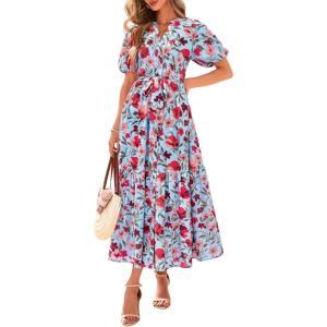BTFBM Summer Dresses for Women 2026 Boho Short Sleeve V Neck Button Belt Flowy Spring Clothes Beach Vacation Maxi Dress(Floral Red Blue)