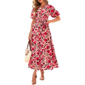 BTFBM Summer Dresses for Women 2026 Boho Short Sleeve V Neck Button Belt Flowy Spring Clothes Beach Vacation Maxi Dress(Floral Red Orange Pink)
