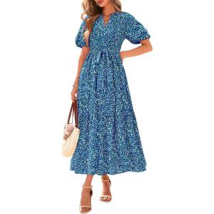 BTFBM Summer Dresses for Women 2026 Boho Short Sleeve V Neck Button Belt Flowy Spring Clothes Beach Vacation Maxi Dress(Print Aqua Green Blue)