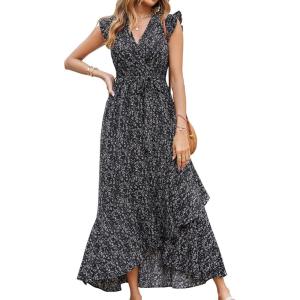 BTFBM Summer Floral Maxi Dress for Women 2025 Vacation Ruffle Sleeve V Neck Belt Wrap Spring Beach Wedding Guest Dresses(Floral Black)