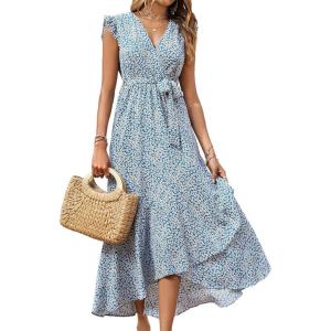 BTFBM Summer Floral Maxi Dress for Women 2025 Vacation Ruffle Sleeve V Neck Belt Wrap Spring Beach Wedding Guest Dresses(Floral Print Blue)
