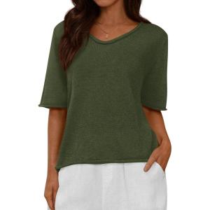 BTFBM Sweaters for Women 2026 Summer Oversized Half Short Sleeve Knitted Pullover V Neck‌ Casual Loose Fit Spring Tops(Army Green)