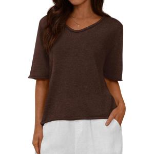 BTFBM Sweaters for Women 2026 Summer Oversized Half Short Sleeve Knitted Pullover V Neck‌ Casual Loose Fit Spring Tops(Brown)