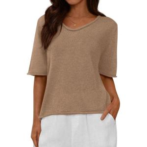 BTFBM Sweaters for Women 2026 Summer Oversized Half Short Sleeve Knitted Pullover V Neck‌ Casual Loose Fit Spring Tops(Khaki)