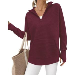 BTFBM Sweaters for Women Fall Clothes 2026 Pocket Quarter Zip Pullover V Neck Long Sleeve Knit Trendy Winter Sweater(Burgundy)