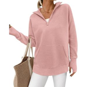 BTFBM Sweaters for Women Fall Clothes 2026 Pocket Quarter Zip Pullover V Neck Long Sleeve Knit Trendy Winter Sweater(Pink)