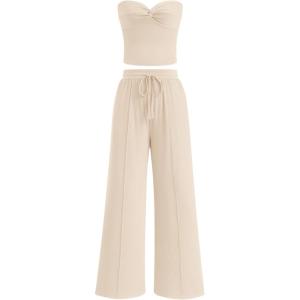 BTFBM Two Piece Sets For Women Summer Ribbed Strapless Twist Knot Tube Top Pants Set Casual 2026 Beach Vacation Outfits(Apricot)