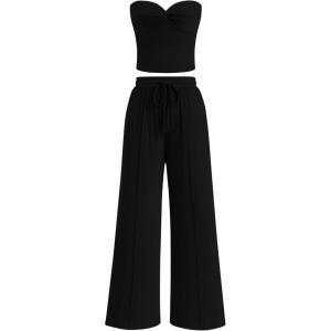 BTFBM Two Piece Sets For Women Summer Ribbed Strapless Twist Knot Tube Top Pants Set Casual 2026 Beach Vacation Outfits(Black)