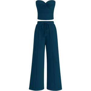 BTFBM Two Piece Sets For Women Summer Ribbed Strapless Twist Knot Tube Top Pants Set Casual 2026 Beach Vacation Outfits(Dark Blue)