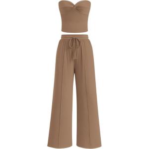 BTFBM Two Piece Sets For Women Summer Ribbed Strapless Twist Knot Tube Top Pants Set Casual 2026 Beach Vacation Outfits(Khaki)