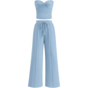 BTFBM Two Piece Sets For Women Summer Ribbed Strapless Twist Knot Tube Top Pants Set Casual 2026 Beach Vacation Outfits(Light Blue)
