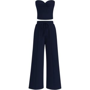 BTFBM Two Piece Sets For Women Summer Ribbed Strapless Twist Knot Tube Top Pants Set Casual 2026 Beach Vacation Outfits(Navy Blue)