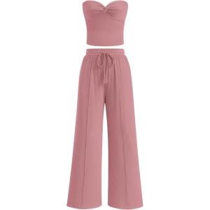 BTFBM Two Piece Sets For Women Summer Ribbed Strapless Twist Knot Tube Top Pants Set Casual 2026 Beach Vacation Outfits(Pink)