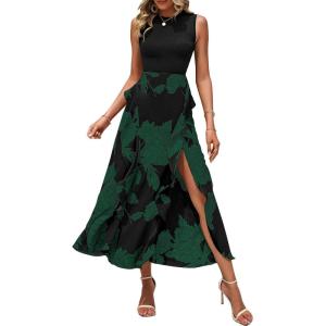 BTFBM Women Casual Sleeveless Summer Dresses 2026 Spring Crewneck Patchwork Boho Floral Ruffle Cocktail Party Midi Dress(Big Floral Dark Green)