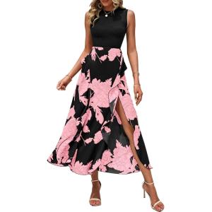 BTFBM Women Casual Sleeveless Summer Dresses 2026 Spring Crewneck Patchwork Boho Floral Ruffle Cocktail Party Midi Dress(Big Floral Pink)