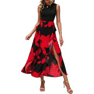 BTFBM Women Casual Sleeveless Summer Dresses 2026 Spring Crewneck Patchwork Boho Floral Ruffle Cocktail Party Midi Dress(Big Floral Red)