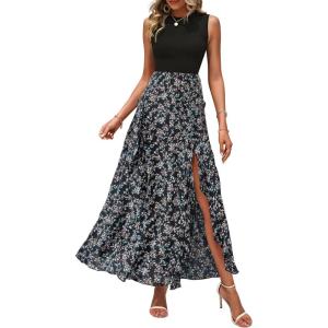 BTFBM Women Casual Sleeveless Summer Dresses 2026 Spring Crewneck Patchwork Boho Floral Ruffle Cocktail Party Midi Dress(Floral Black Blue)