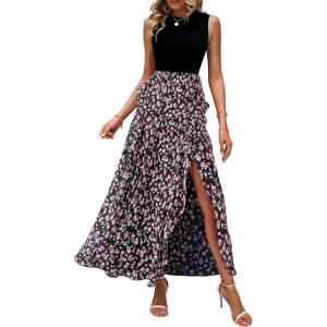 BTFBM Women Casual Sleeveless Summer Dresses 2026 Spring Crewneck Patchwork Boho Floral Ruffle Cocktail Party Midi Dress(Floral Black Pink)