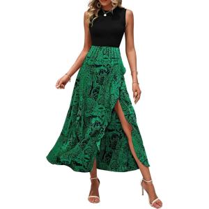 BTFBM Women Casual Sleeveless Summer Dresses 2026 Spring Crewneck Patchwork Boho Floral Ruffle Cocktail Party Midi Dress(Print Black Green)