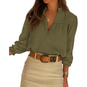 BTFBM Women Fall Tops 2025 Boho Solid V Neck Fashion Casual Long Sleeve Button Down Blouses Dressy Shirts(Army Green)