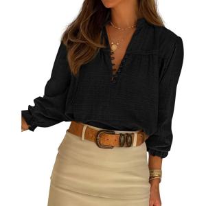 BTFBM Women Fall Tops 2025 Boho Solid V Neck Fashion Casual Long Sleeve Button Down Blouses Dressy Shirts(Black)