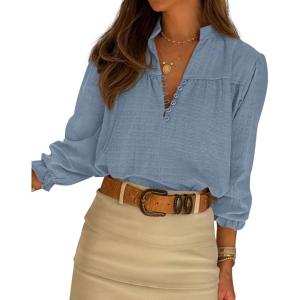 BTFBM Women Fall Tops 2025 Boho Solid V Neck Fashion Casual Long Sleeve Button Down Blouses Dressy Shirts(Grey Blue)