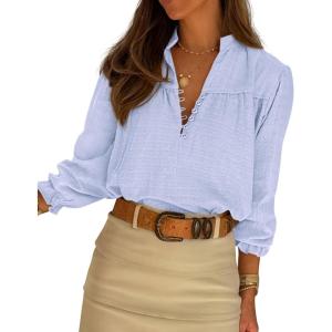 BTFBM Women Fall Tops 2025 Boho Solid V Neck Fashion Casual Long Sleeve Button Down Blouses Dressy Shirts(Light Blue)