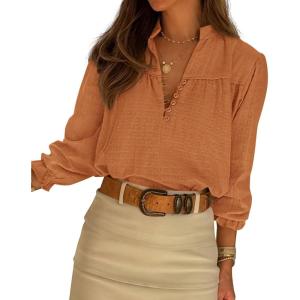 BTFBM Women Fall Tops 2025 Boho Solid V Neck Fashion Casual Long Sleeve Button Down Blouses Dressy Shirts(Orange)
