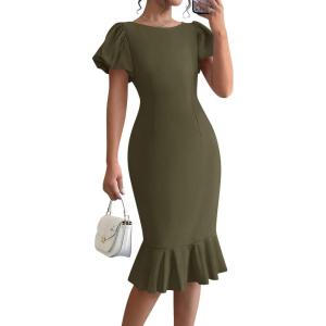 BTFBM Women Formal Wedding Guest Cocktail Dresses 2026 Short Sleeve Ruffle Mermaid Work Bodycon Elegant Midi Summer Dress(Army Green)