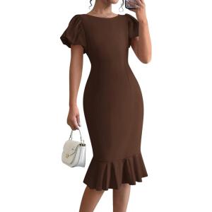 BTFBM Women Formal Wedding Guest Cocktail Dresses 2026 Short Sleeve Ruffle Mermaid Work Bodycon Elegant Midi Summer Dress(Brown)