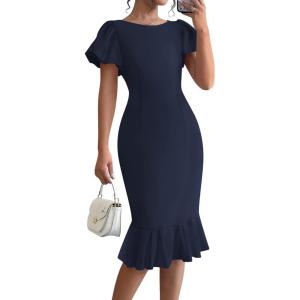 BTFBM Women Formal Wedding Guest Cocktail Dresses 2026 Short Sleeve Ruffle Mermaid Work Bodycon Elegant Midi Summer Dress(Navy Blue)