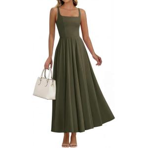 BTFBM Women Summer Square Neck Maxi Dress Spring 2026 Elegant Classy Sleeveless Formal Wedding Guest Cocktail Dresses(Army Green)