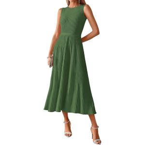 BTFBM Women Tank Midi Dress Summer Crewneck Sleeveless Pleated A Line Business Casual Formal Sweater Spring Dresses 2026(Army Green)