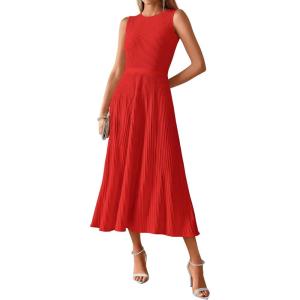 BTFBM Women Tank Midi Dress Summer Crewneck Sleeveless Pleated A Line Business Casual Formal Sweater Spring Dresses 2026(Brick Red)