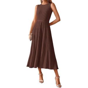 BTFBM Women Tank Midi Dress Summer Crewneck Sleeveless Pleated A Line Business Casual Formal Sweater Spring Dresses 2026(Brown)