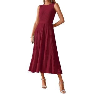 BTFBM Women Tank Midi Dress Summer Crewneck Sleeveless Pleated A Line Business Casual Formal Sweater Spring Dresses 2026(Burgundy)