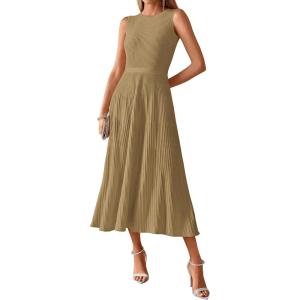 BTFBM Women Tank Midi Dress Summer Crewneck Sleeveless Pleated A Line Business Casual Formal Sweater Spring Dresses 2026(Camel)