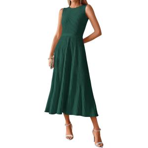 BTFBM Women Tank Midi Dress Summer Crewneck Sleeveless Pleated A Line Business Casual Formal Sweater Spring Dresses 2026(Dark Green)