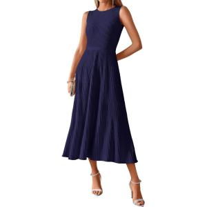 BTFBM Women Tank Midi Dress Summer Crewneck Sleeveless Pleated A Line Business Casual Formal Sweater Spring Dresses 2026(Navy)